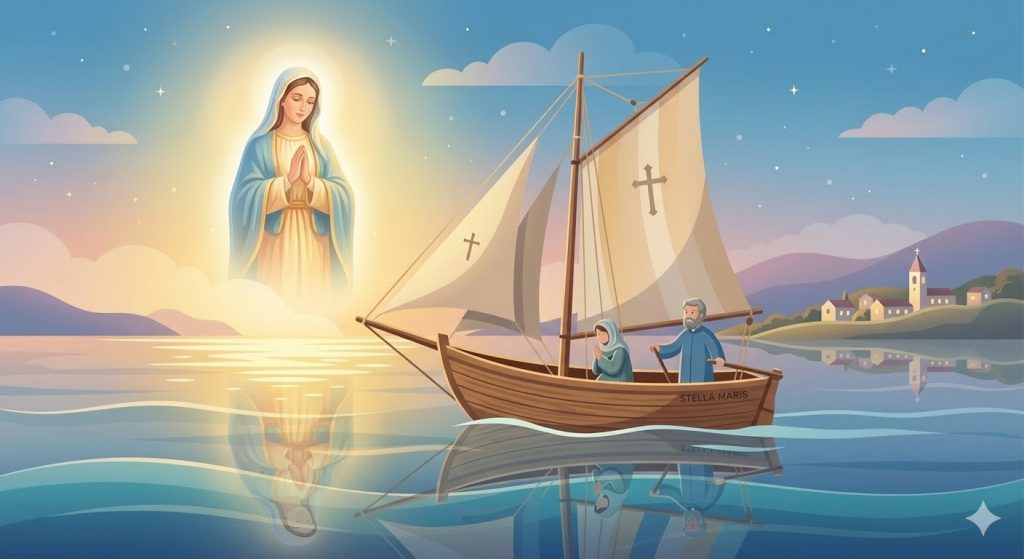Acte de confiance en Marie - un bateau naviguant sur une mer calme guidé par une étoile mariale brillante